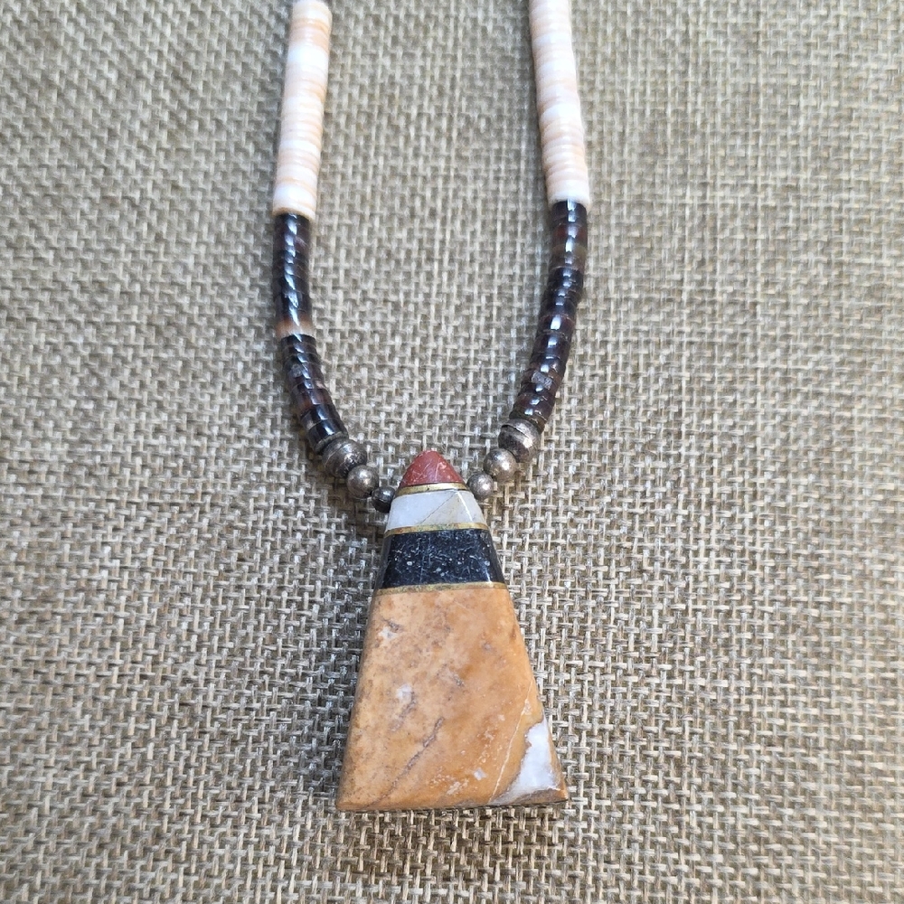 :Southwest Inlay Stone Pendant Necklace | Heishi Beads | Tribal Boho Statement